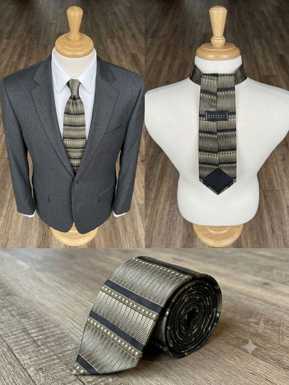 Bergamo New York Green Gold Black WhiteGeometric Striped Mens Silk Tie Necktie